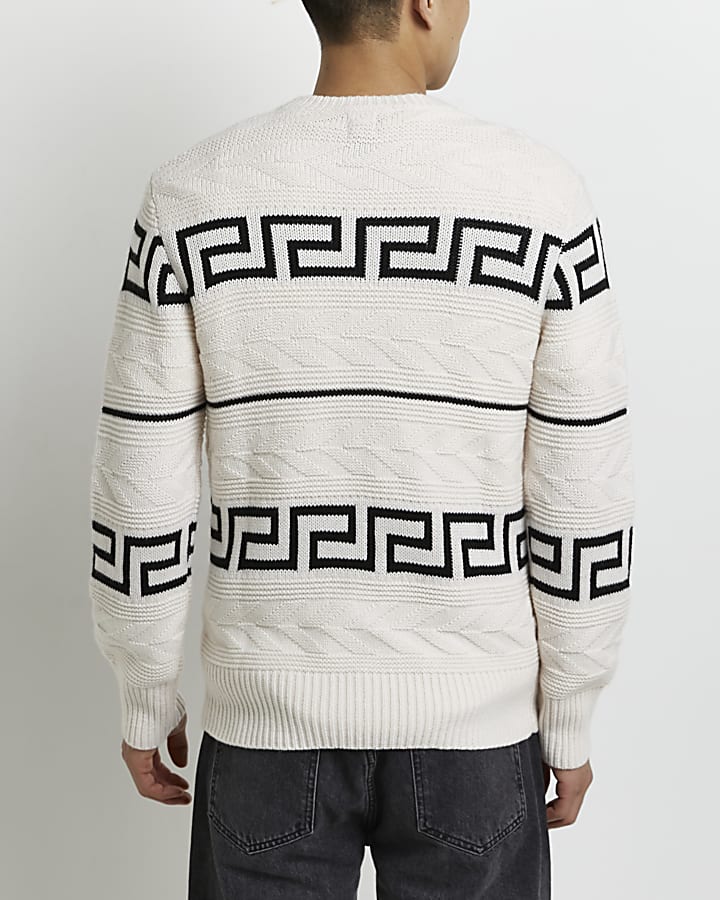 Cream regular fit print cable knit jumper