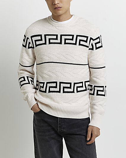 Cream regular fit print cable knit jumper