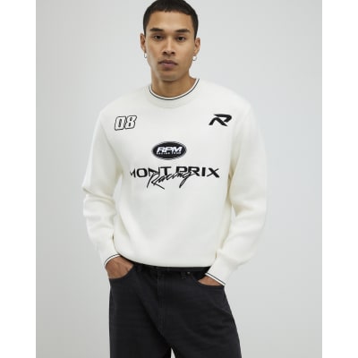 Cream Regular Fit Racing Badged Knit Jumper