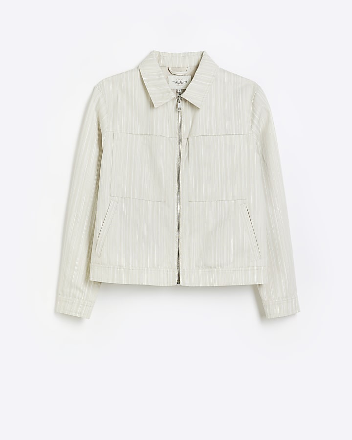 Cream regular fit textured Harrington jacket