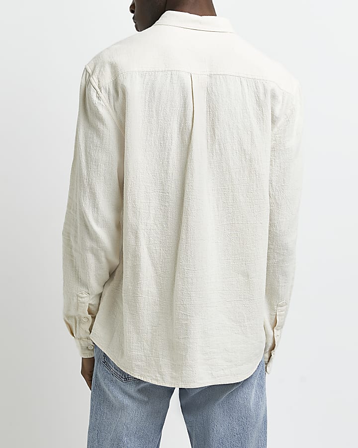 Cream regular fit textured linen mix shirt