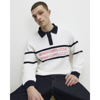 Cream Regular Fit Waffle Knit Stripe Jumper | River Island