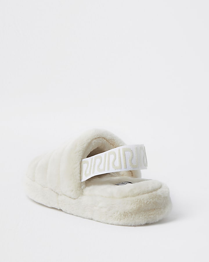 Cream RI branded faux fur slippers