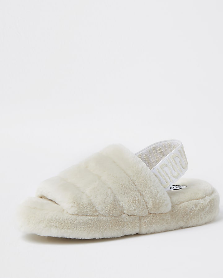 Cream RI branded faux fur slippers
