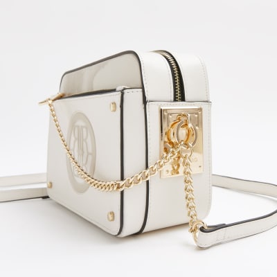 White RI monogram embossed cross body bag