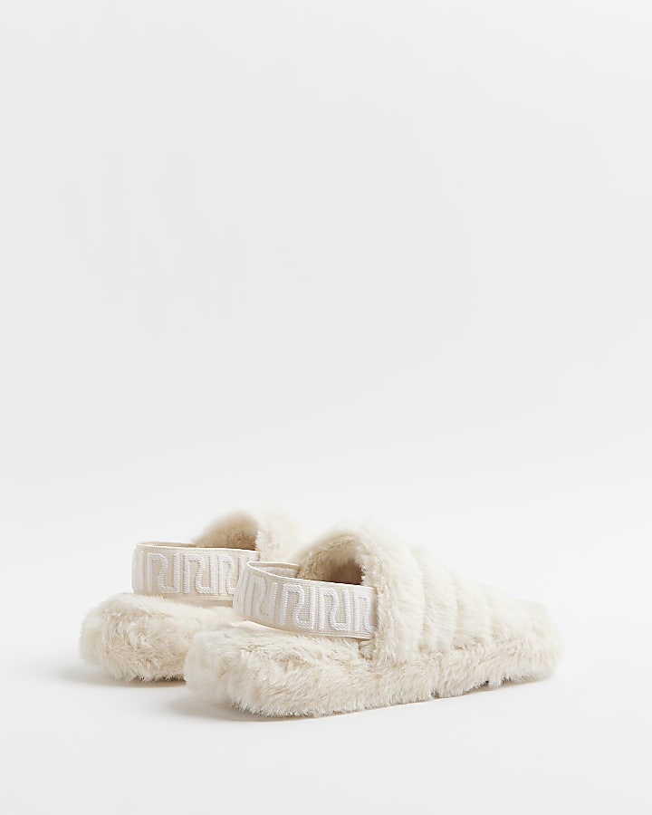 Cream RI monogram faux fur slippers