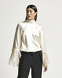 Cream RI Studio satin fringe blouse