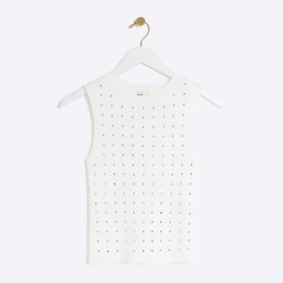 Cream rib diamante vest top River Island