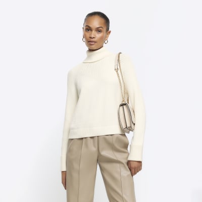 Cream Rib Roll Neck Jumper River Island