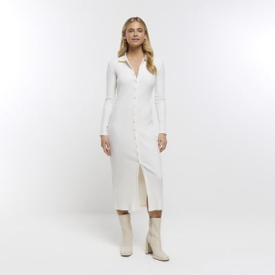 Cream ribbed bodycon midi dress