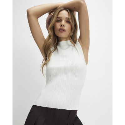 Cream Ribbed High Neck Top