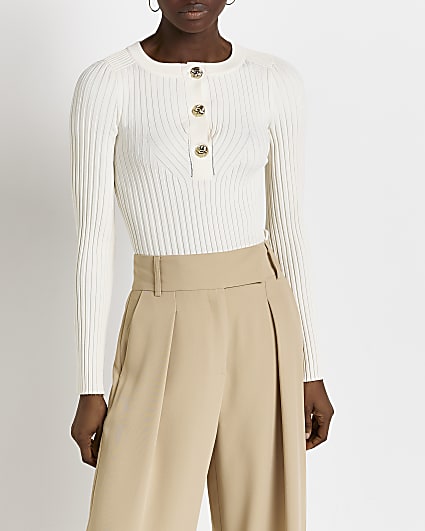 Cream ribbed knit top