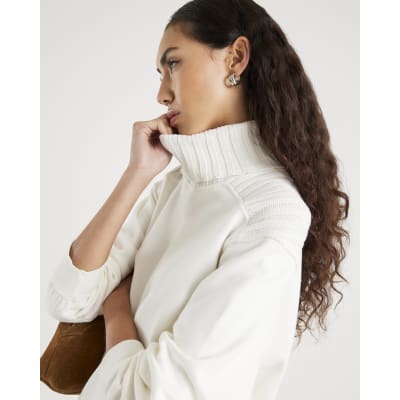 Cream Roll Neck Hybrid Knit Sweatshirt