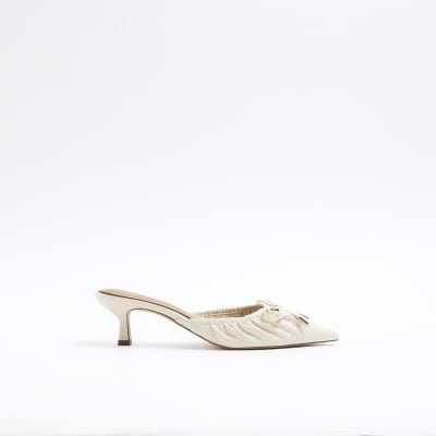 Cream ruched kitten heel court shoes River Island