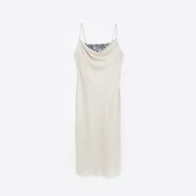Cream satin cowl neck slip midi dress