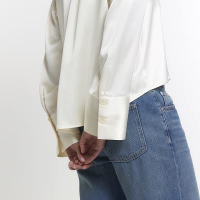 Cream satin crop long sleeve shirt | River Island