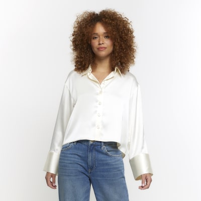 Cream satin crop long sleeve shirt | River Island