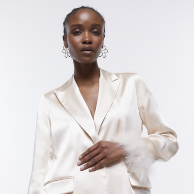 Cream Satin Feather Cuff Blazer | River Island