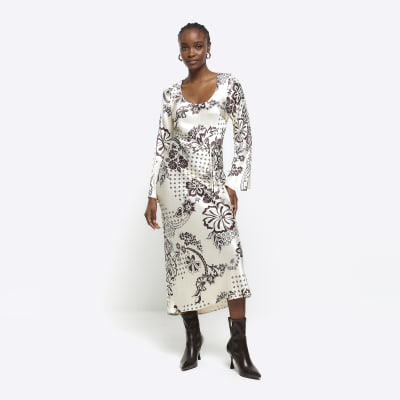 Cream satin floral belted slip midi dress | River Island