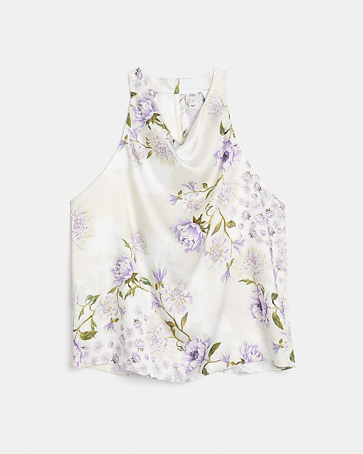 Cream satin floral cowl neck blouse