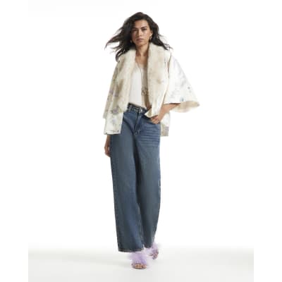 Satin Floral Faux Fur Trim Kimono