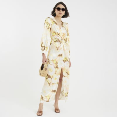 Cream Satin Floral Twist Front Maxi Dress