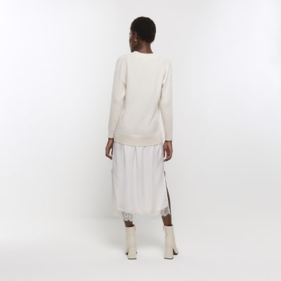 Cream satin jumper midi dress River Island