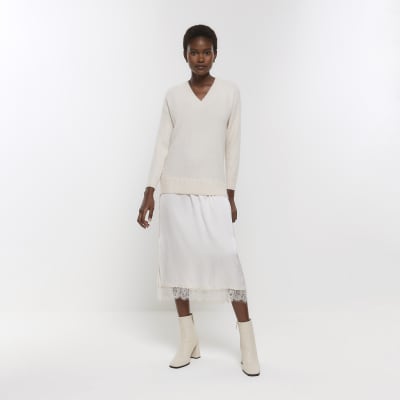 Cream satin jumper midi dress River Island
