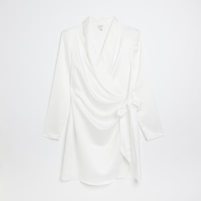 Cream satin long sleeve wrap mini dress | River Island