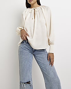 Cream satin long sleeves blouse