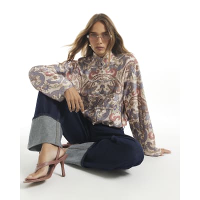 Cream Satin Paisley Print Frogging Blouse