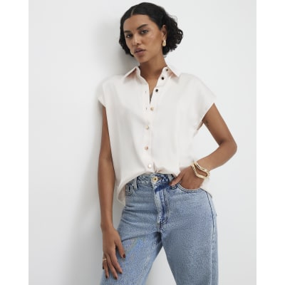 River Island Cream Satin Short Sleeve Shirt