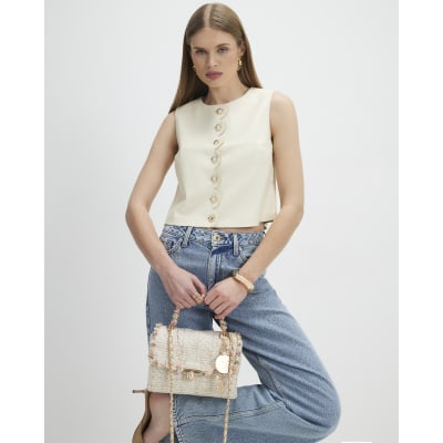 Cream Scallop Front Faux Leather Top