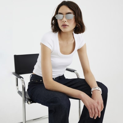 Cream Scoop Neck Cap Sleeve T-shirt