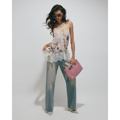Script Print Lace Cami Top