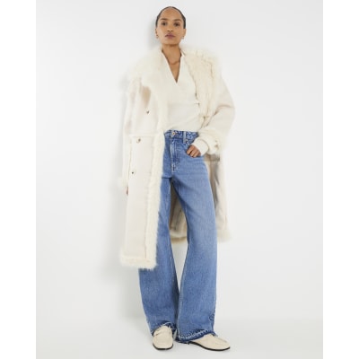 Cream Seam Detail Shearling Coat