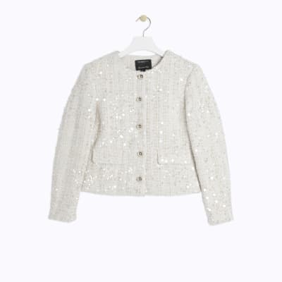 Cream sequin boucle jacket River Island