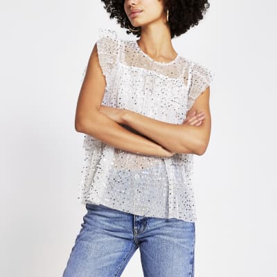 Cream Sequin Embellished Frill Blouse River Island