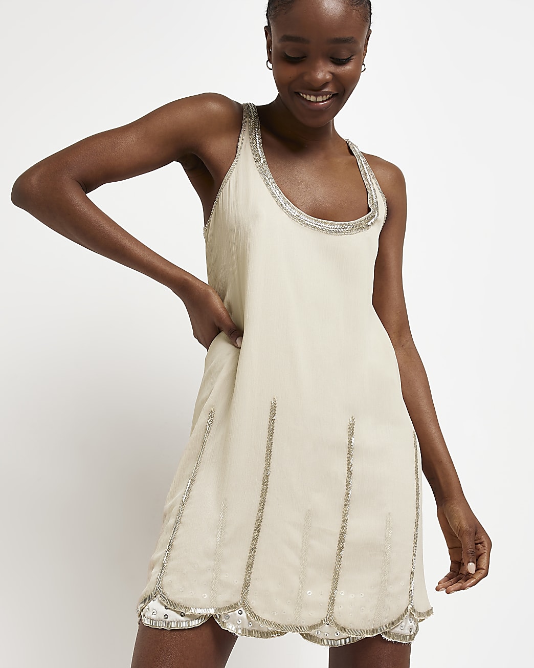 Cream sequin embellished slip dress
