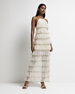 Cream sequin embellished slip maxi dress