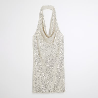 Cream Sequin Halterneck Shift Mini Dress | River Island