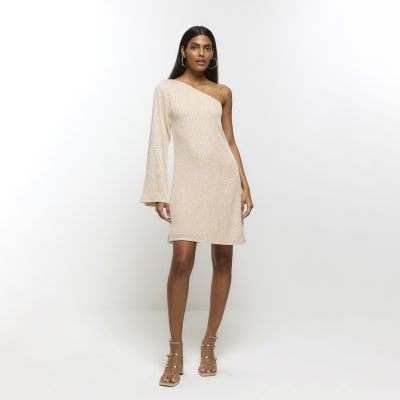 Cream Sequin One Shoulder Shift Mini Dress River Island