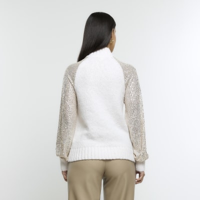 Cream sequin sleeve jumper River Island