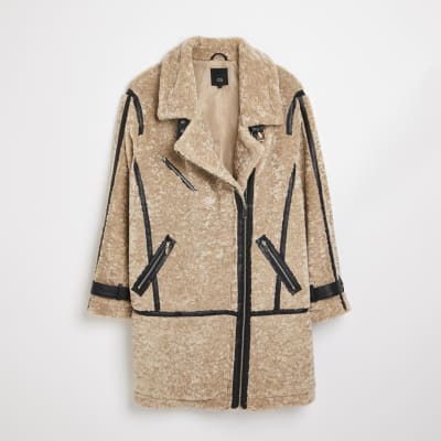 Cream shearling aviator coat River Island