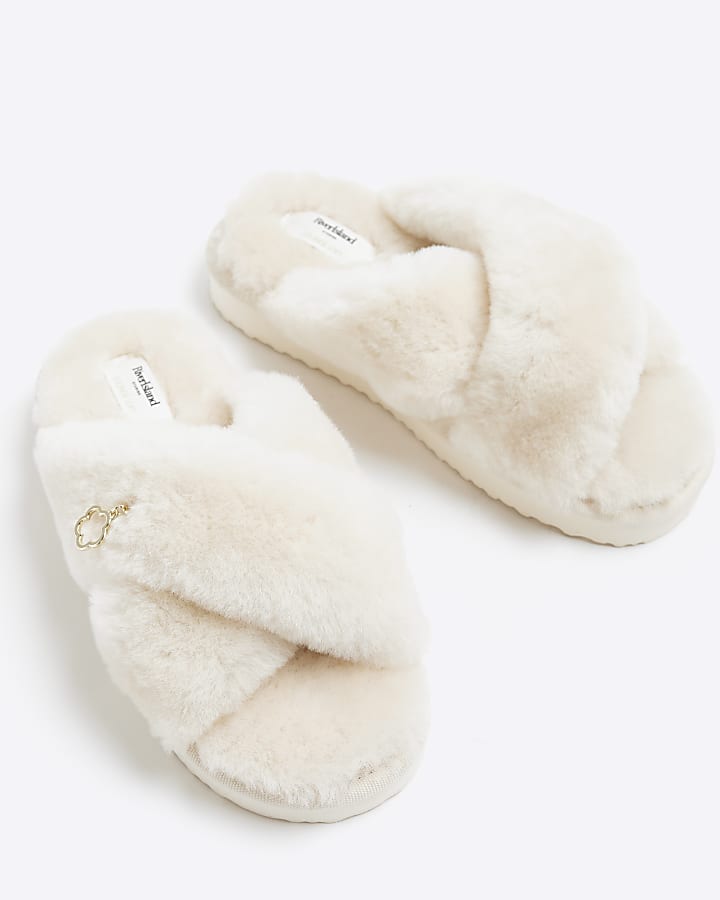 Cream sheepskin crossed slippers | River Island