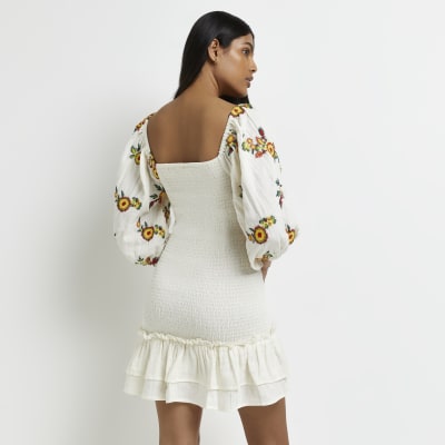 Cream shirred bodycon mini dress