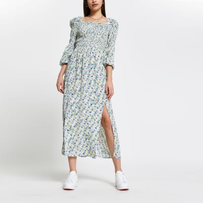 Cream shirred puff sleeve maxi dress