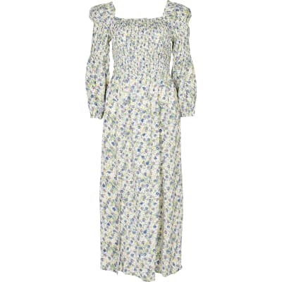 Cream shirred puff sleeve maxi dress