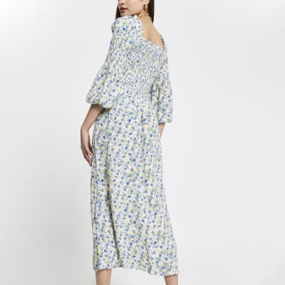 Cream shirred puff sleeve maxi dress