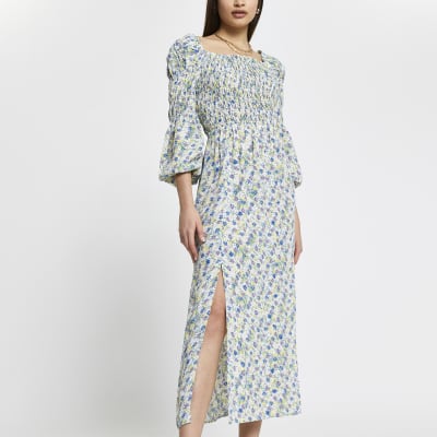 Cream shirred puff sleeve maxi dress | River Island